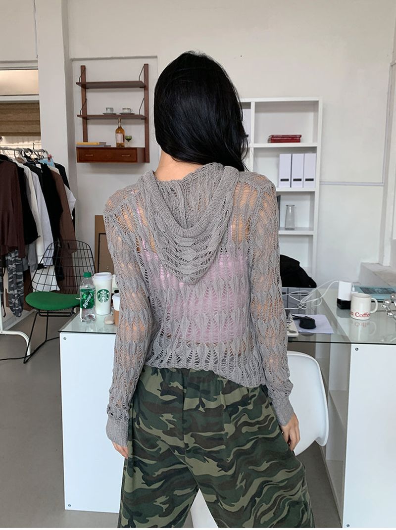NET SEE-THROUGH KNIT HOOD ZIP-UP
