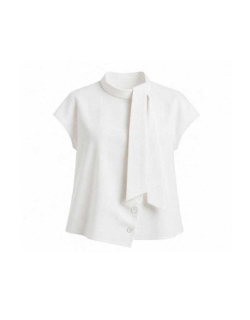 Lune High Neck Tie Cap Sleeve Shirts Blouse Ivory