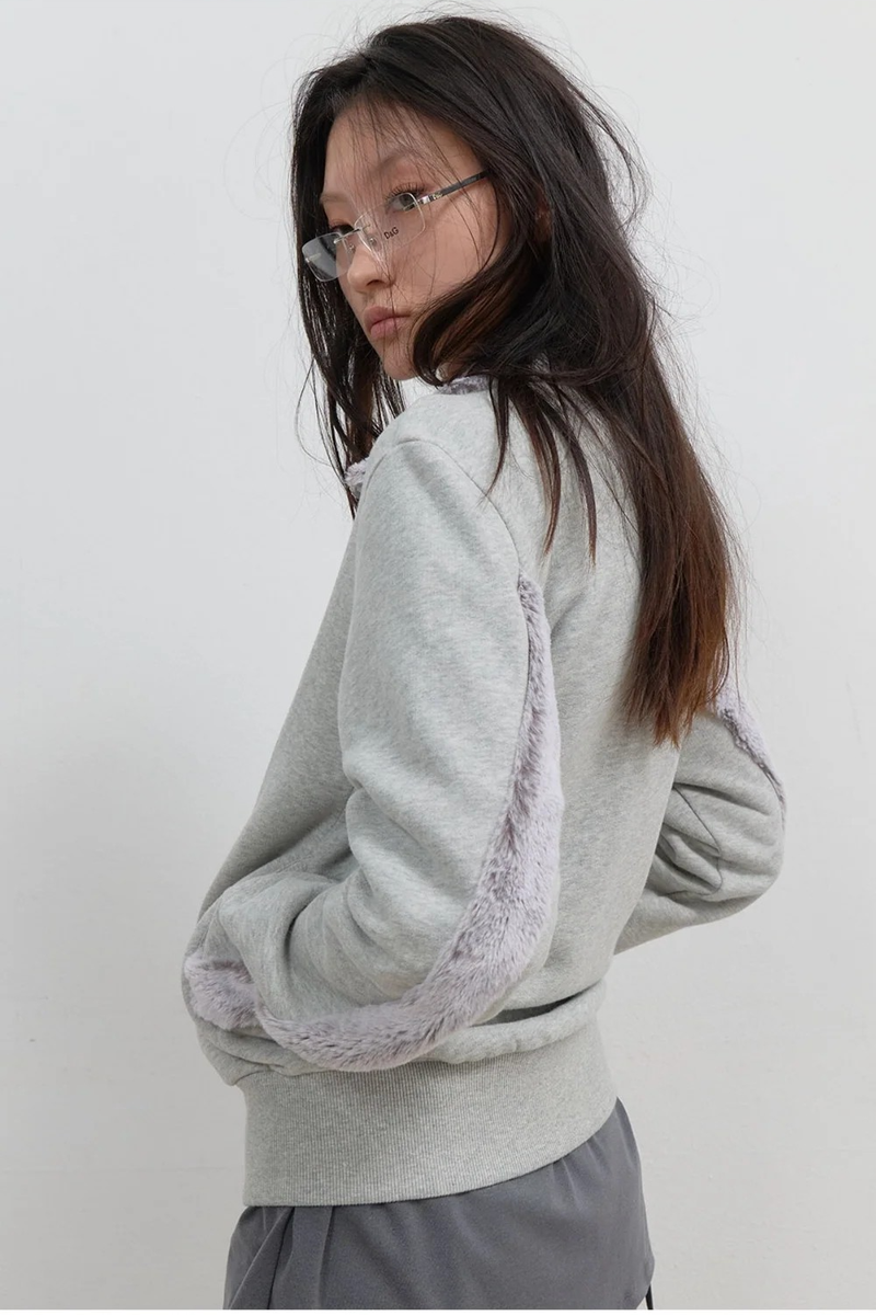 Fur Trim Jersey Zip-up / Grey