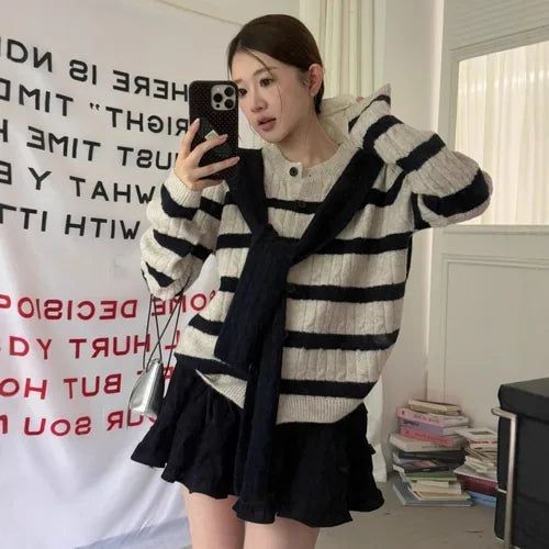 Striped Knit Cardigan with Matching Shawl
