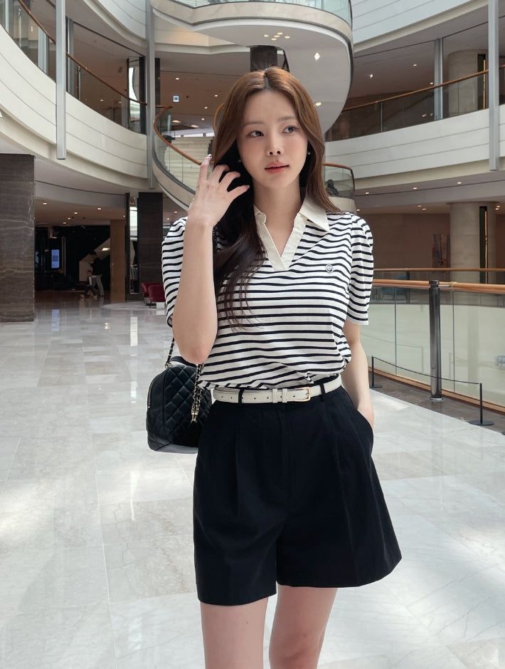 iam mari（アイアム マリ）の「Heden Open Collar Stripe Puff Short Sleeve T-shirt（Tops）」