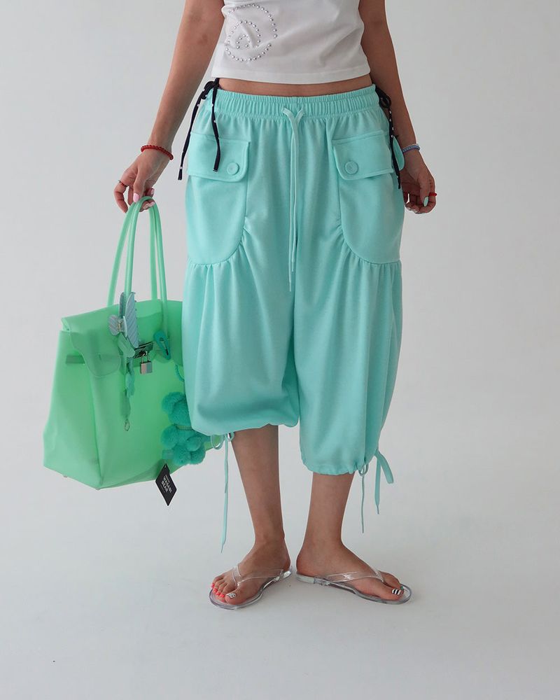Button Big Pocket Bermuda Harem Capri Pants