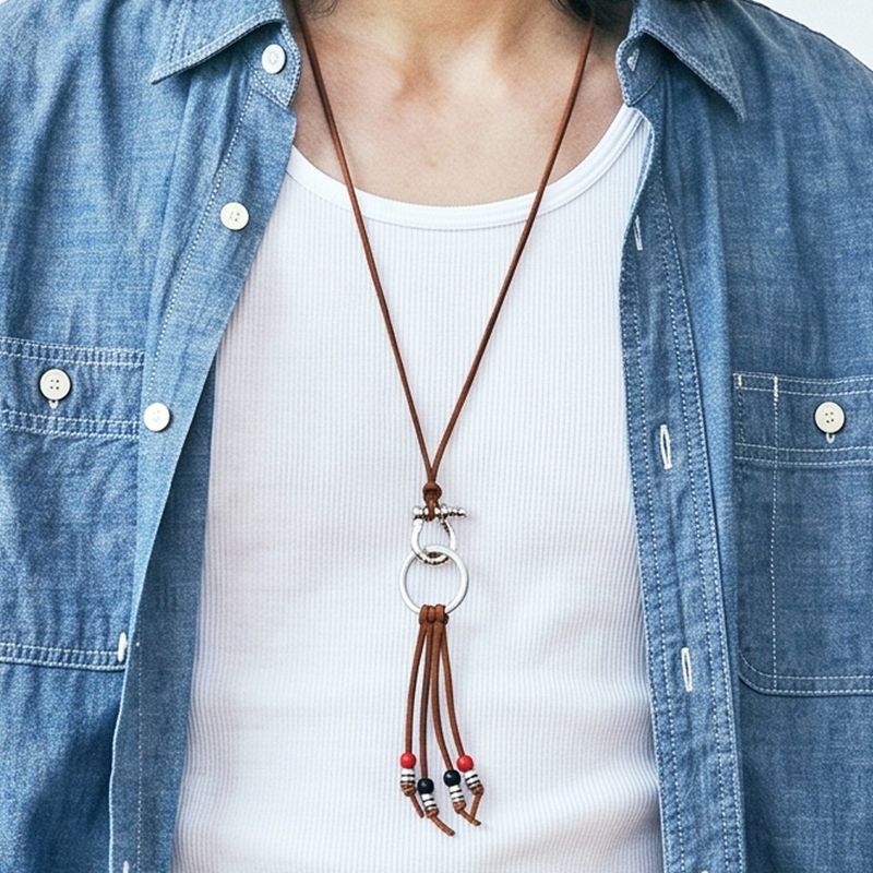 turquoise & leather cord beads necklace brown