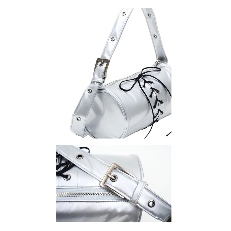 2WAY BELTED STRAP BARREL BAG SMALL_GLOSSY SILVER