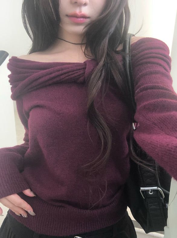 Helen Off-Shoulder Ribbon Twist Loose-Fit Knit
