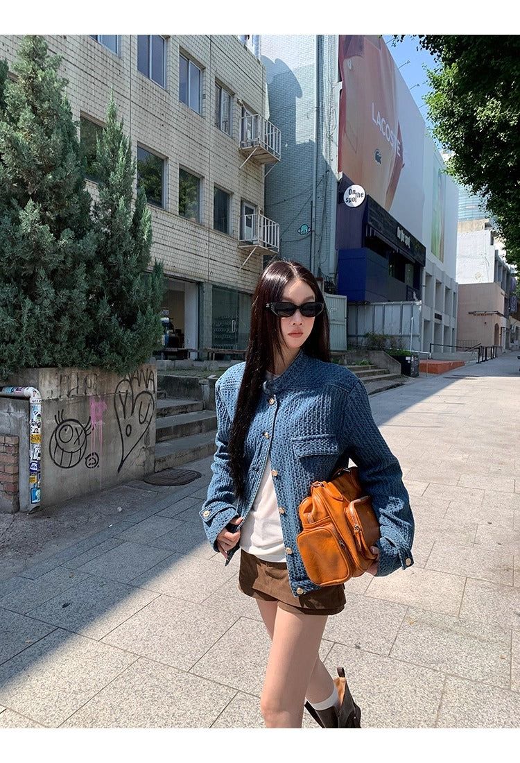 Blue casual gold button denim jacket