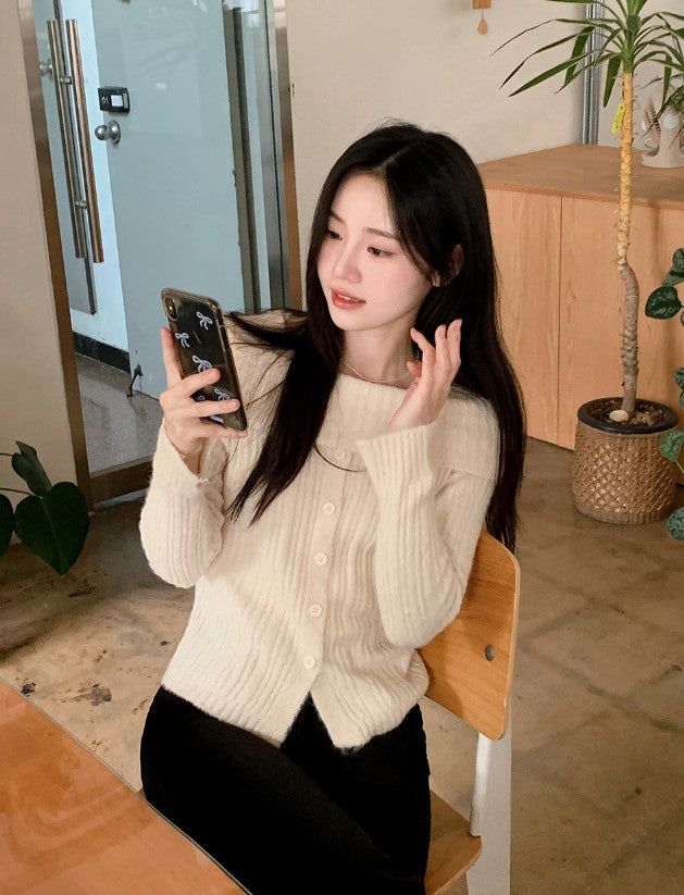 #Romantic Rib Off Shoulder Button Knit (3color)