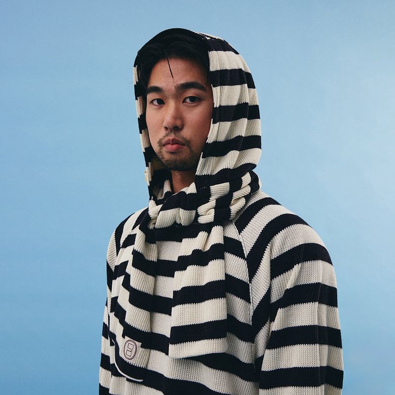 Striped knit balaclava muffler / Ivory black