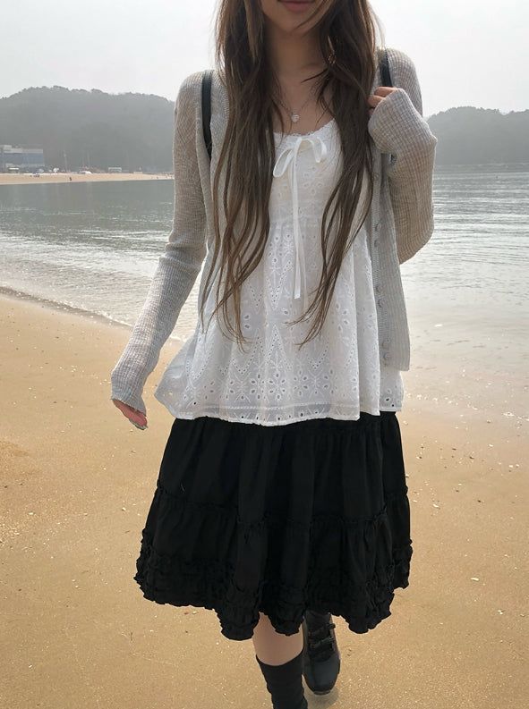 Brun Two-Button See-through Ribbed Knit Cardigan
