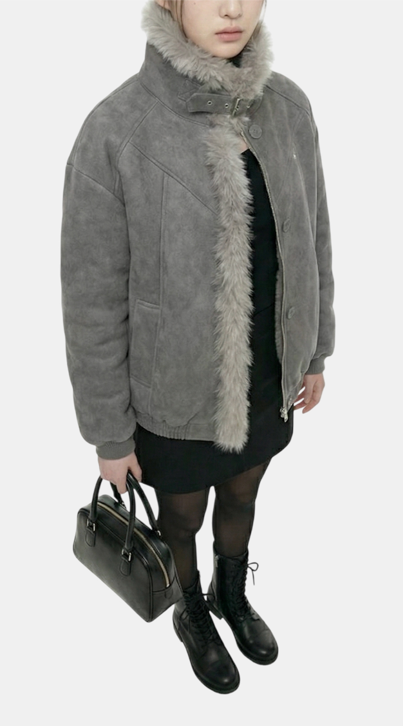 Aaron High-Neck Fur-Trim Short Mustang