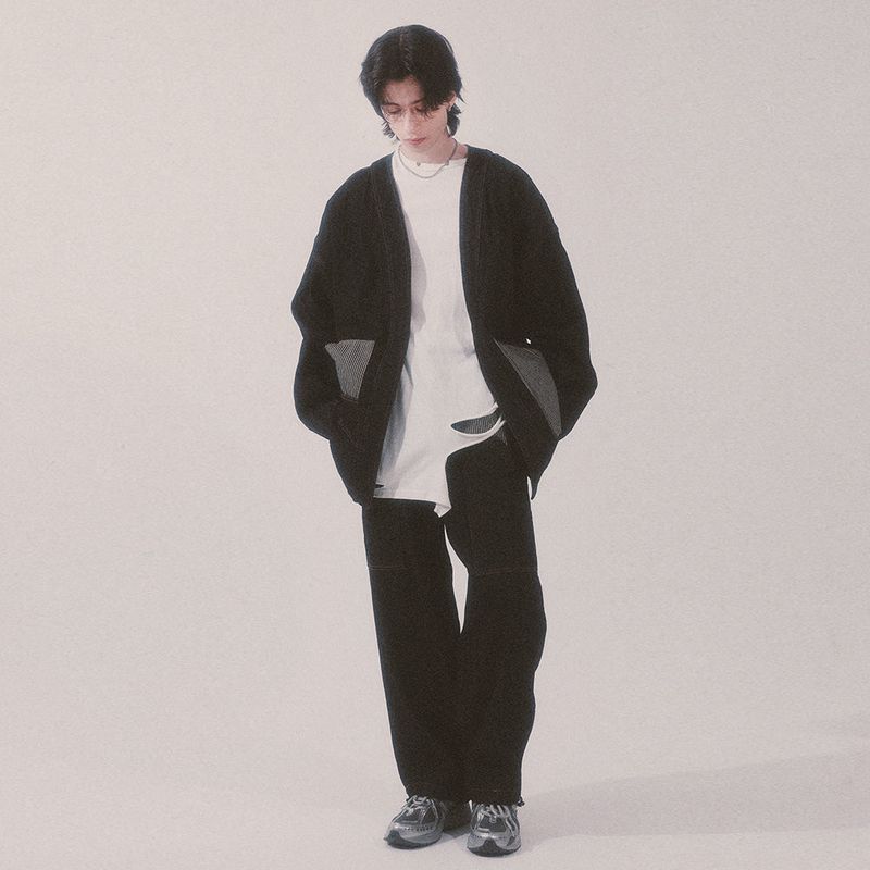 stripe patch denim cardigan_black