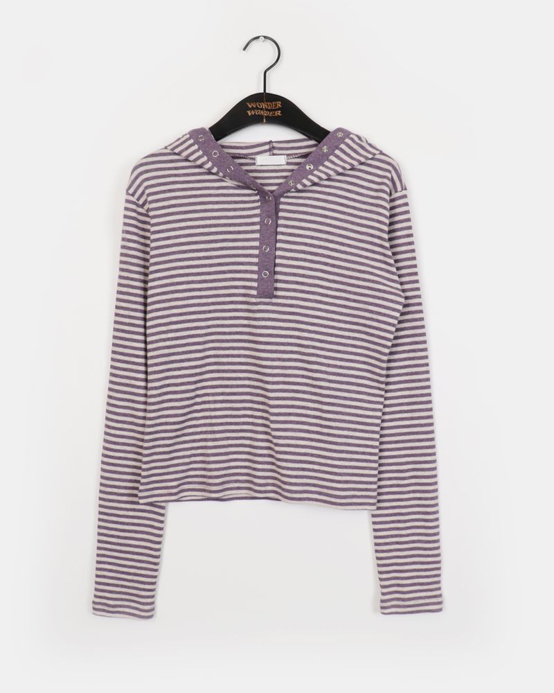 Pao Stripe Snap Button Coloring Long Sleeve Hooded T-Shirt