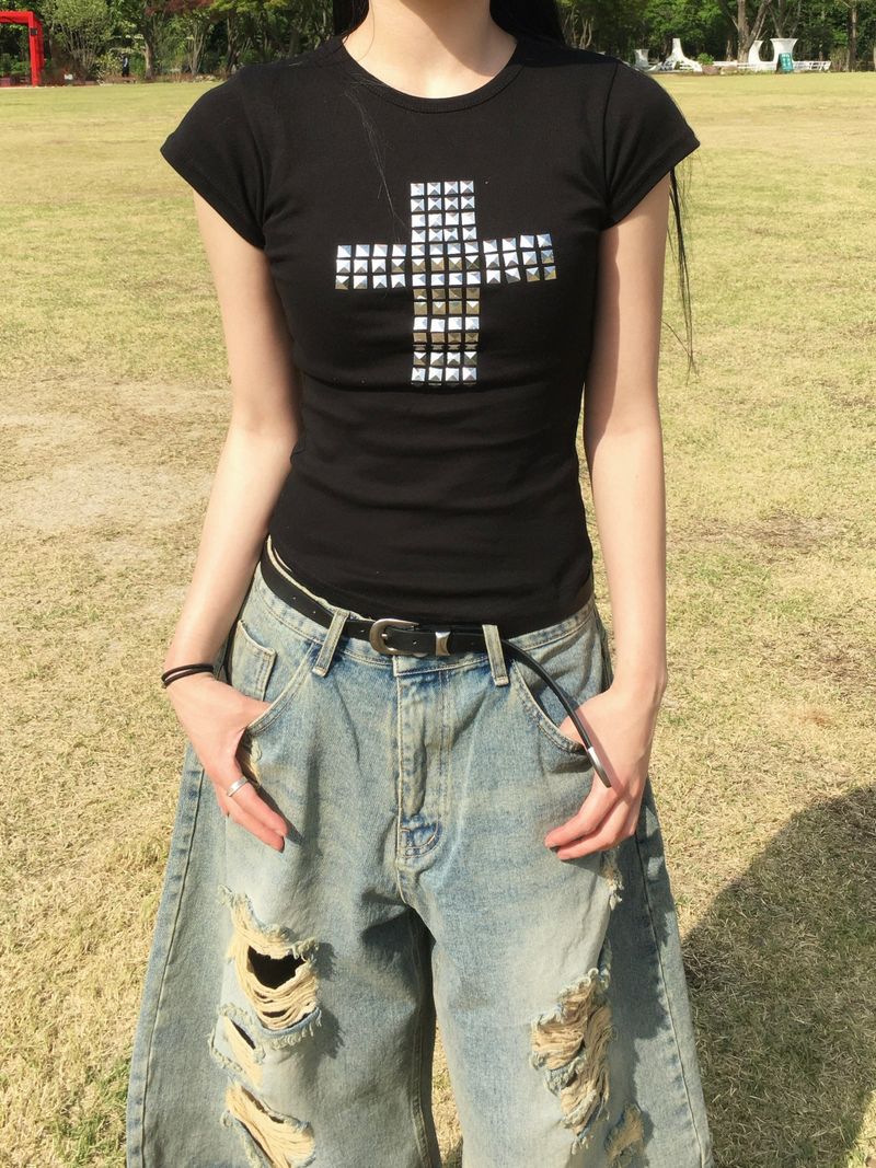 Metal Cross Stud Slim Short Sleeve Tee (3c)