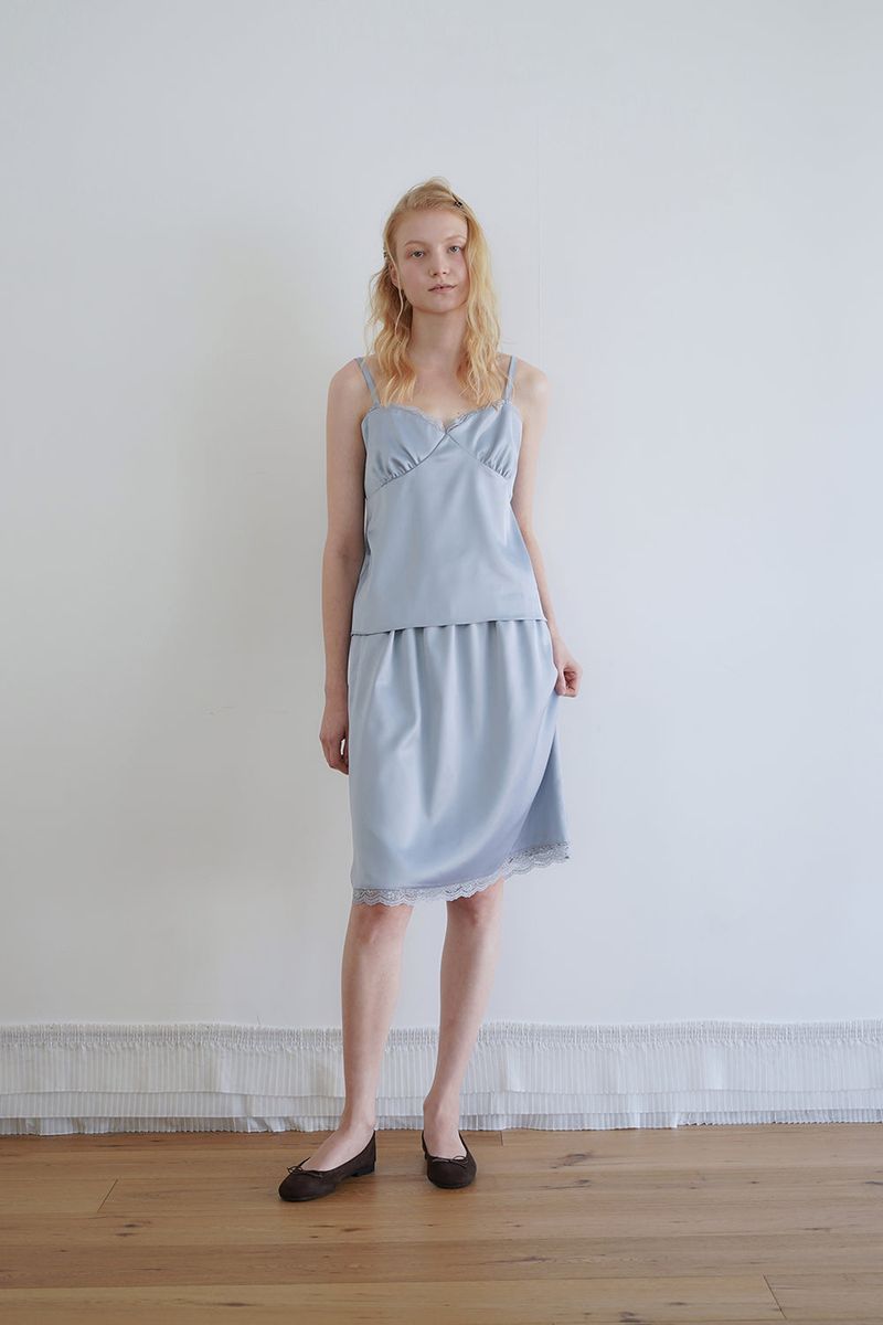 Satin lace top_skyblue