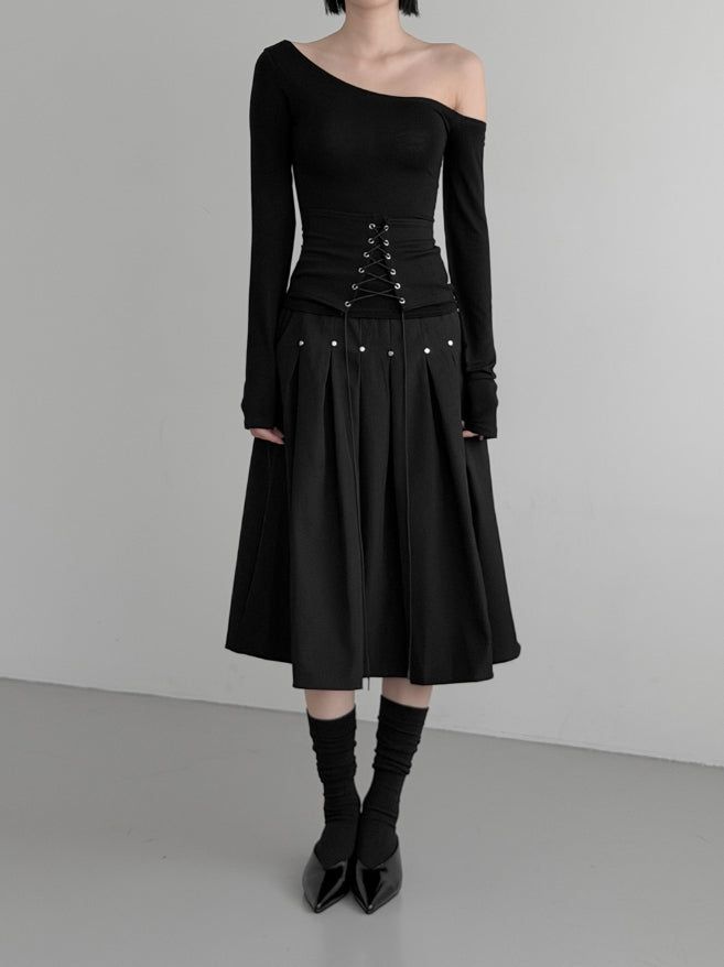 Er Rivet Pintuck Midi Skirt