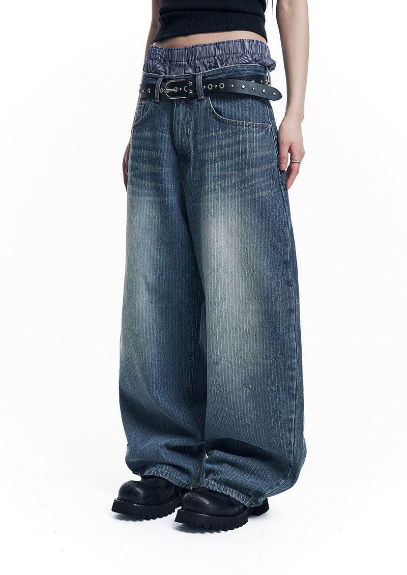 Stripe Lettering Denim Pants - Medium Blue