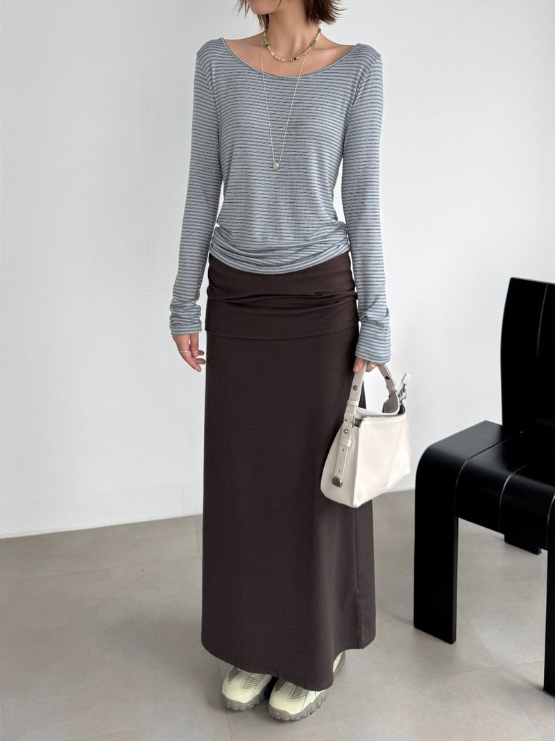 [prts made] soft touch boat-neck long sleeve T-shirts (blue stripe)