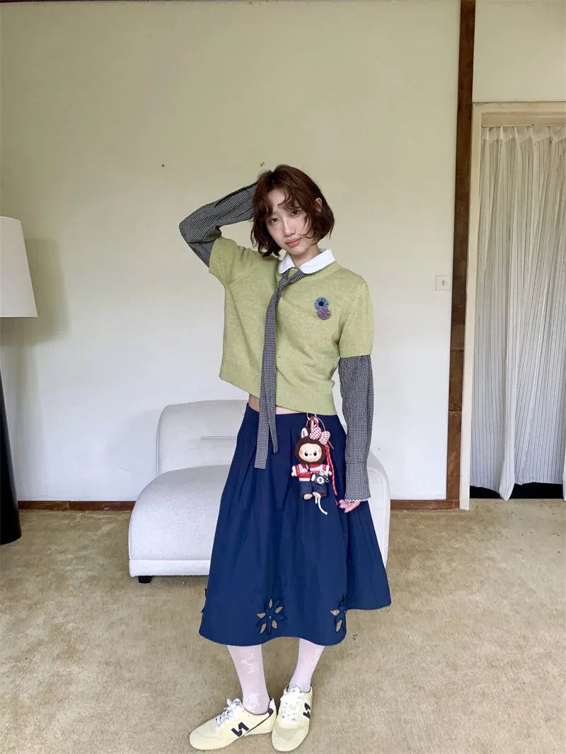 [1+1 Special] Tours Flower Decor Round Neck Wool Short Sleeve Knit