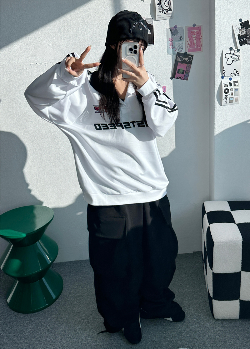 RAGLAN THREE-STRIPE COLLAR SWEATSHIRT🖤🩶🤍 - 3 COLORS