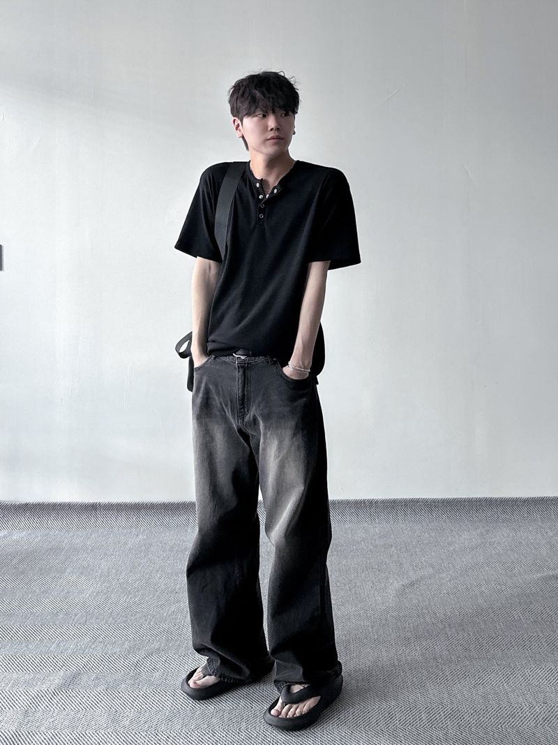 ワッフルヘンリーネックハーフTシャツ