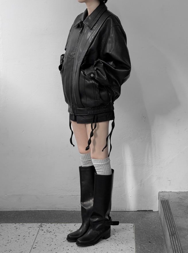 (unisex) Panel Deep Two-Way Leather Jacket