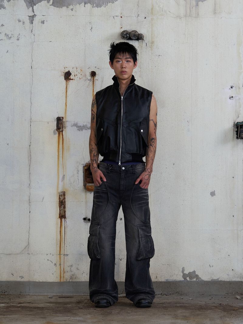 Leather Cargo Vest (Black)