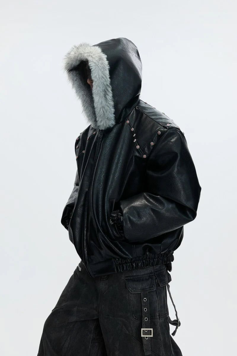 Hooded Leather Puffer Jacket