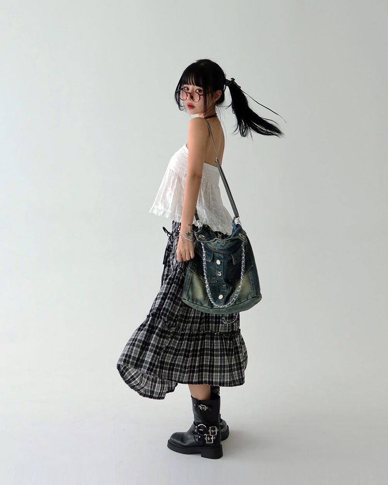 denim pocket chain cross shoulder bag