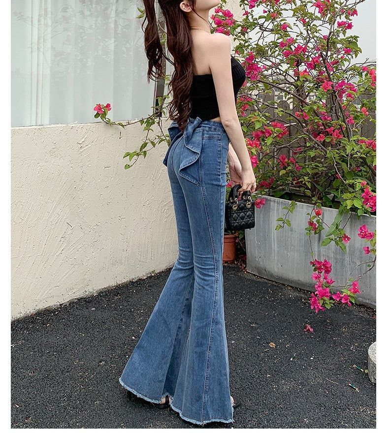 Ribbon Detail Denim Flare Pants