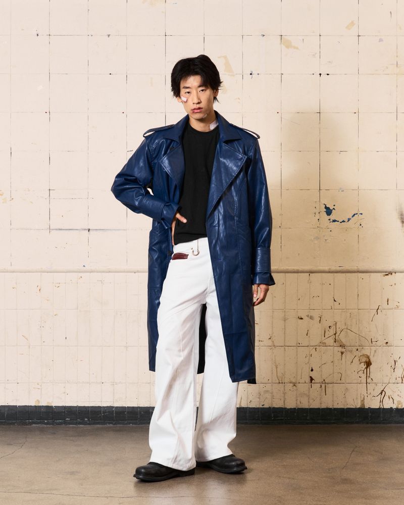 Curved Leather Trench coat (Blue)
