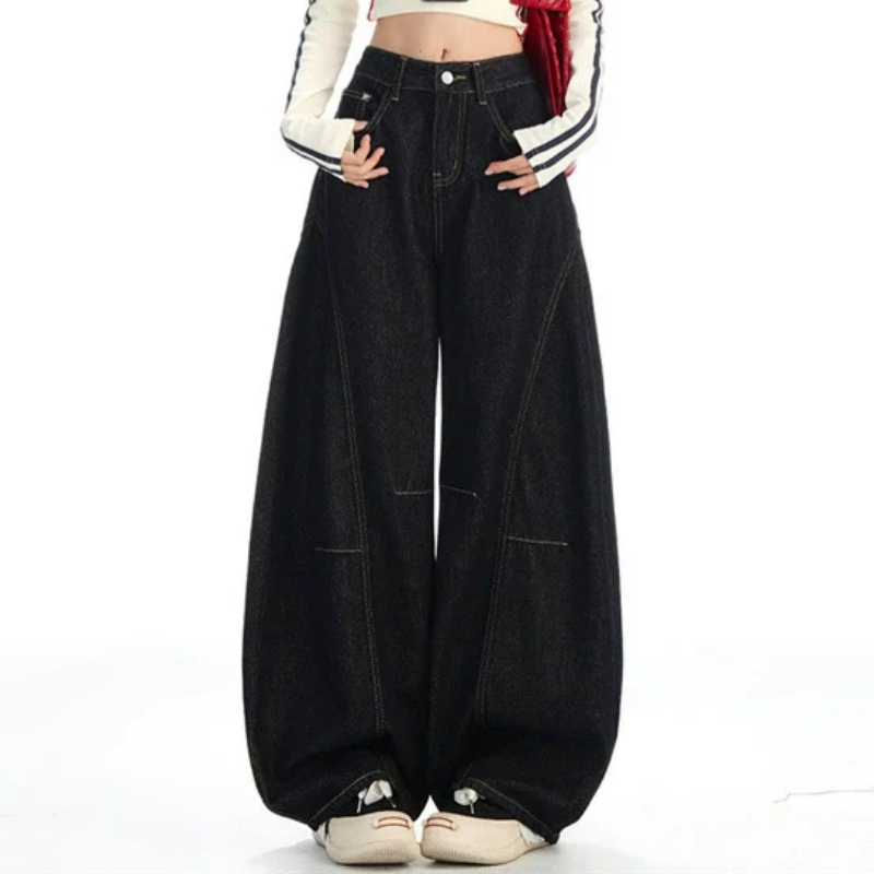 Navy-cut High-waist Mixed Denim Pants