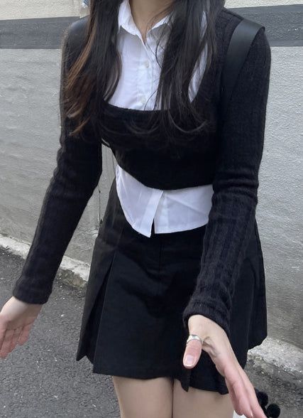 School Look Shirt Cardigan Layered Set