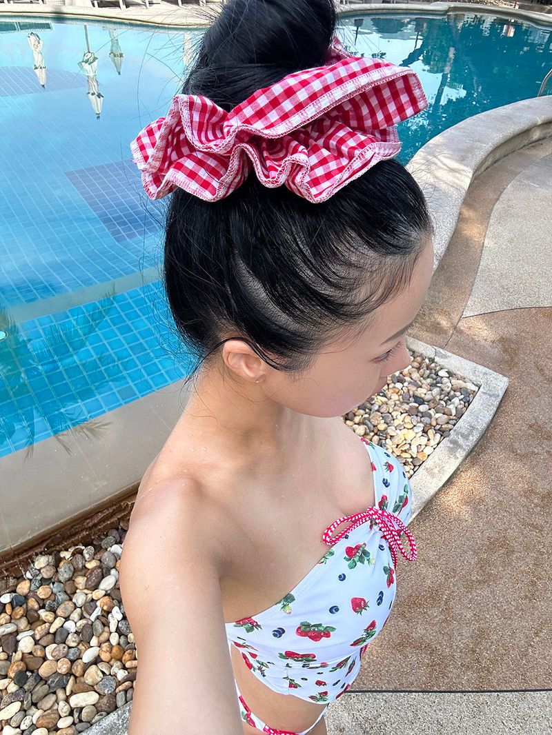 a strawberry tube top bikini