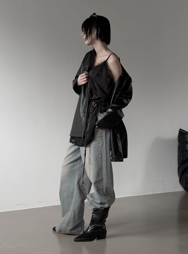 Met Button Cracked Leather Jacket