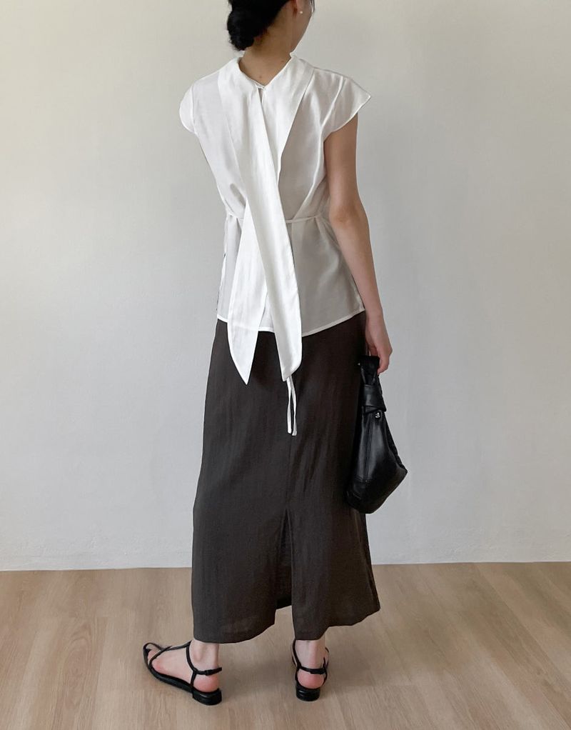 Tie-neck Strap Cap Sleeve Blouse