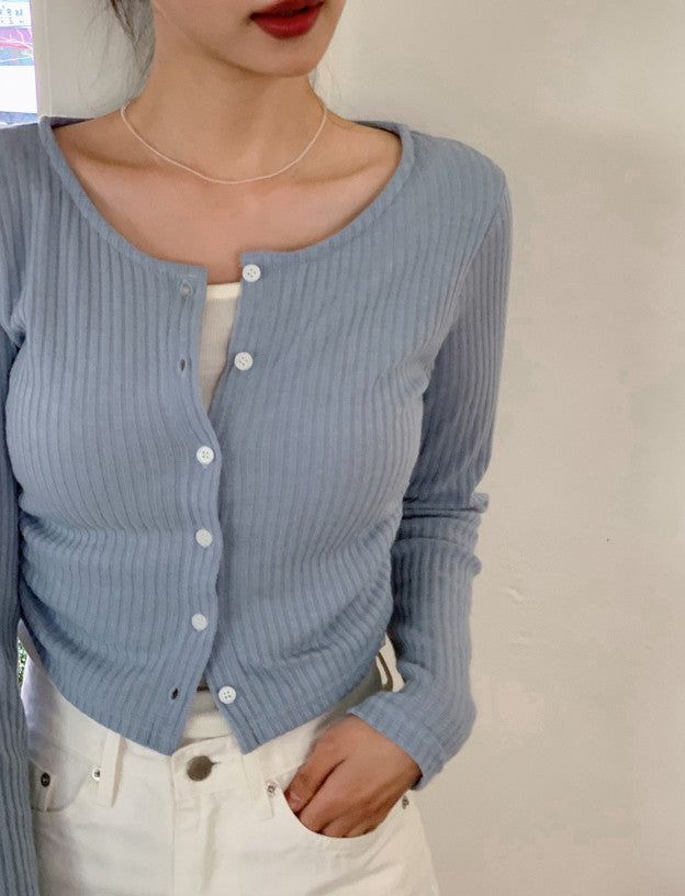 Side Shirring T-shirt Layered Rib Cardigan (3color)
