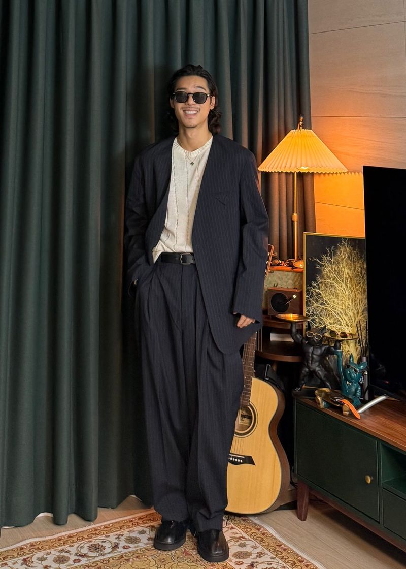 No-Collar Striped V-Zip Slacks 2COLOR