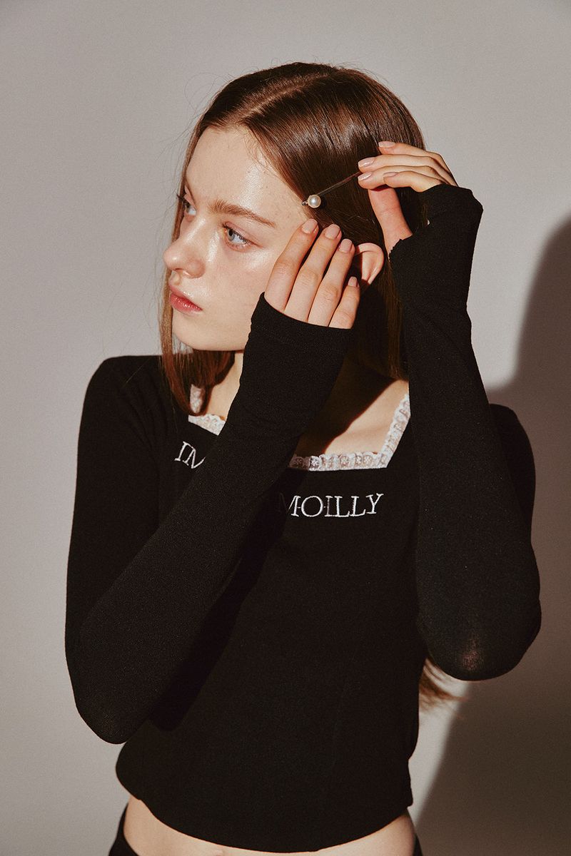 Square Neck Lace Long Sleeve Black