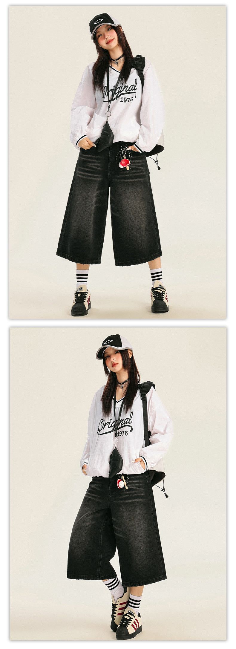 American retro loose-fitting washed distressed wide-leg capri pants