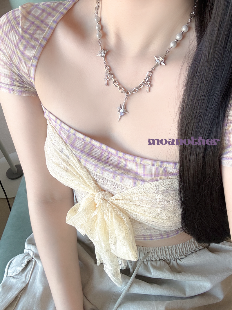 [Surgical Steel] パールクロスキュービックネックレス