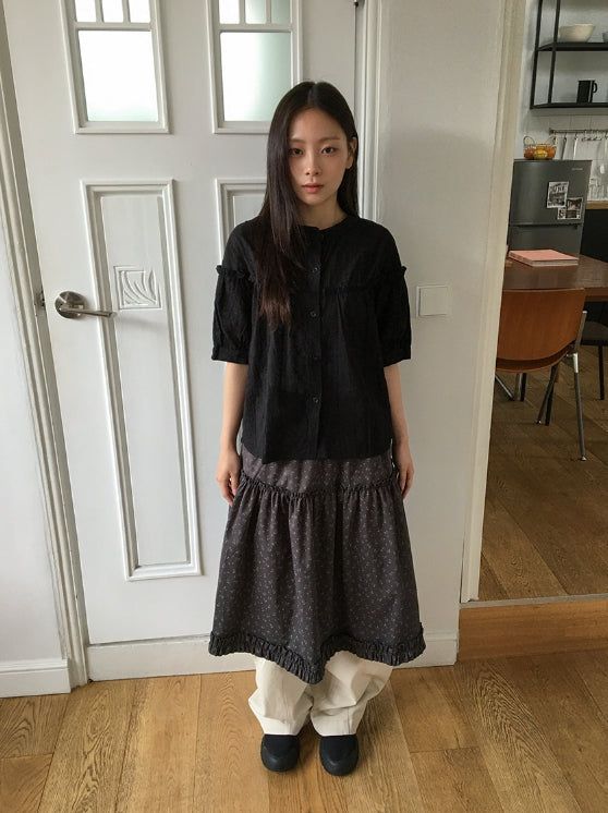 Bihina Flower Shirring Long Skirt