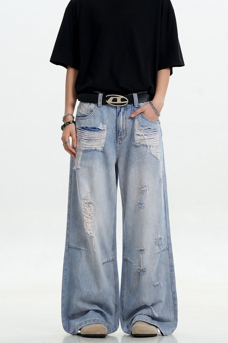 Light Blue Ripped Loose Jeans