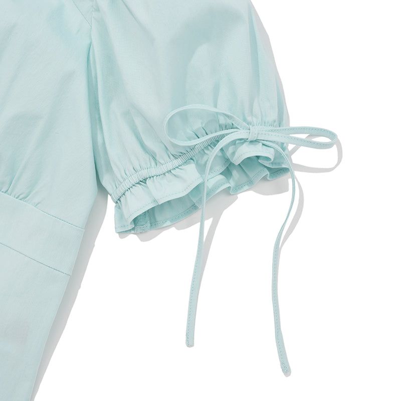 RIBBON SHIRRING SHORT SLEEVE BLOUSE [ICE]