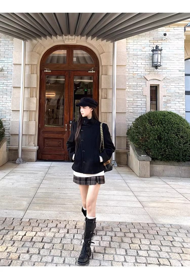 Royal black high-neck wool jacket
