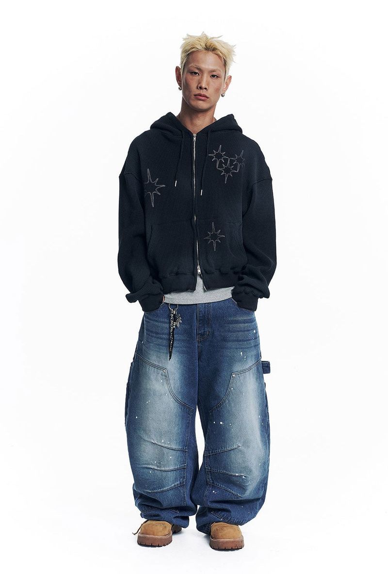 Washed Star Waffle Hooded Zip-Up - Black