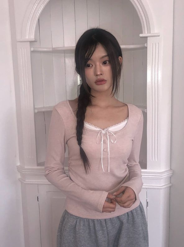 Sojin Lace Shirring Button T-Shirt