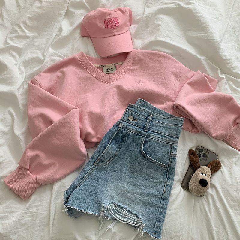 [Bellide made] Pastel V-neck cropped sweatshirt