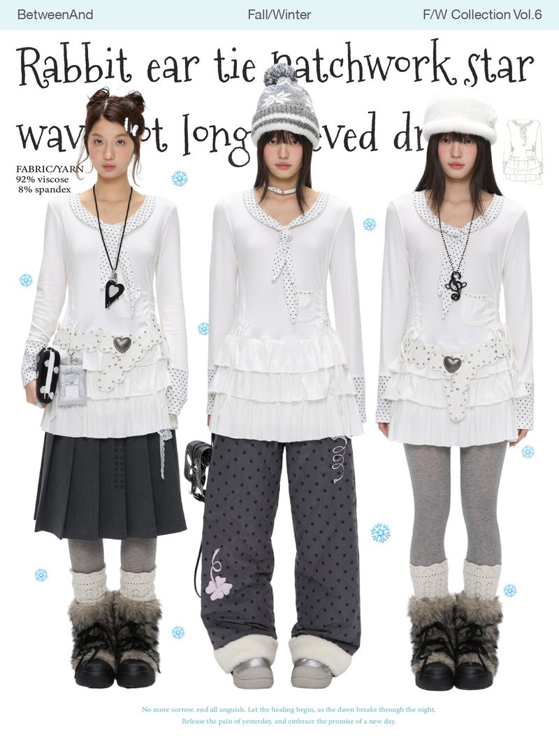 BETWEENAND "Rice White Melody" Winter Tie-Patterned Star Polka Dot Long Sleeve Multi-Layer White Dress