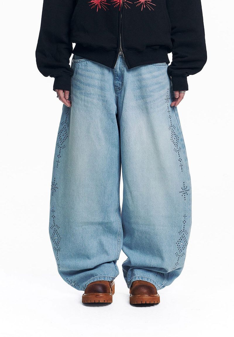Curved Western Stud Denim Pants - Light Blue