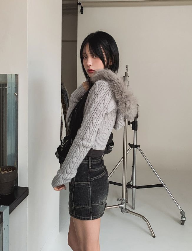 Rinco Cable Knit Fur Hood Zip-Up